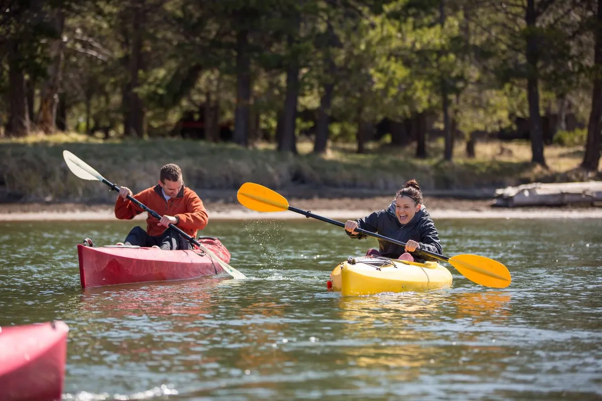 Two kayakers paddle vibrant kayaks along a lush, green riverside, highlighting active enjoyment of the water and opportunities for gentle paddling or summer exploration.